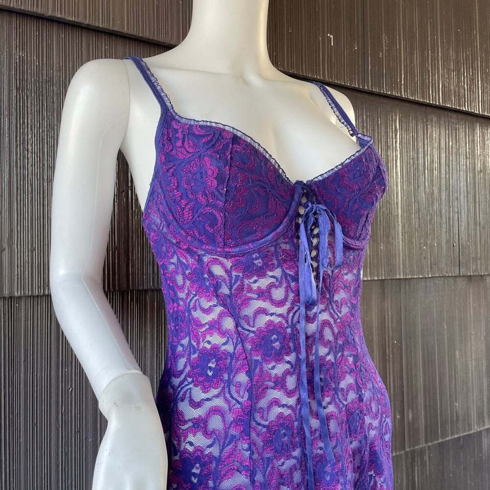 🔥Vintage Y2K Frederic Of Hollywood Purple Lace Babydoll Lace Up Coquette Dainty - Picture 5 of 16